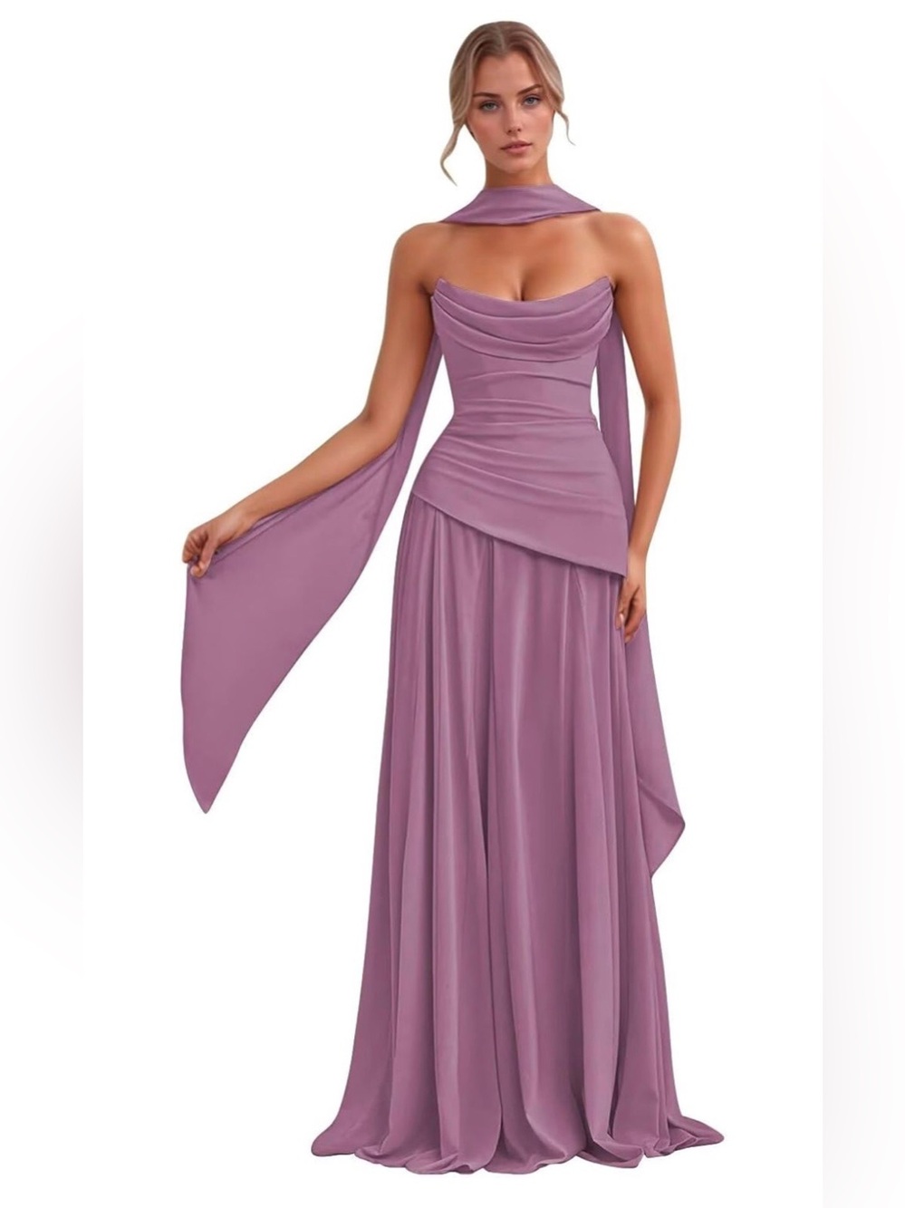 Sleeveless Lavender Column Evening Dress with Draped Scarf